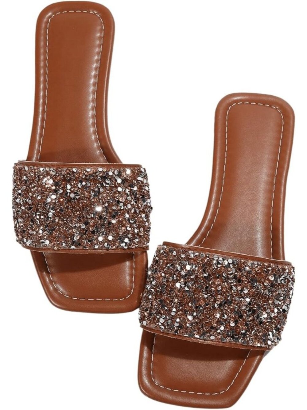 Women's Brown Leather Sparkly Jeweled Dressy Open Toe Glitter Shiny Flat Sandals